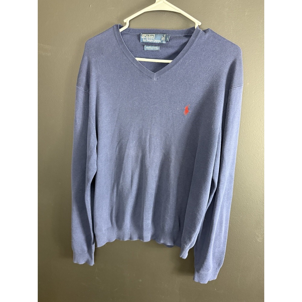 Polo Ralph Lauren Sweater Mens Size L Navy Blue Pima‎ Cotton V Neck Long Sleeve